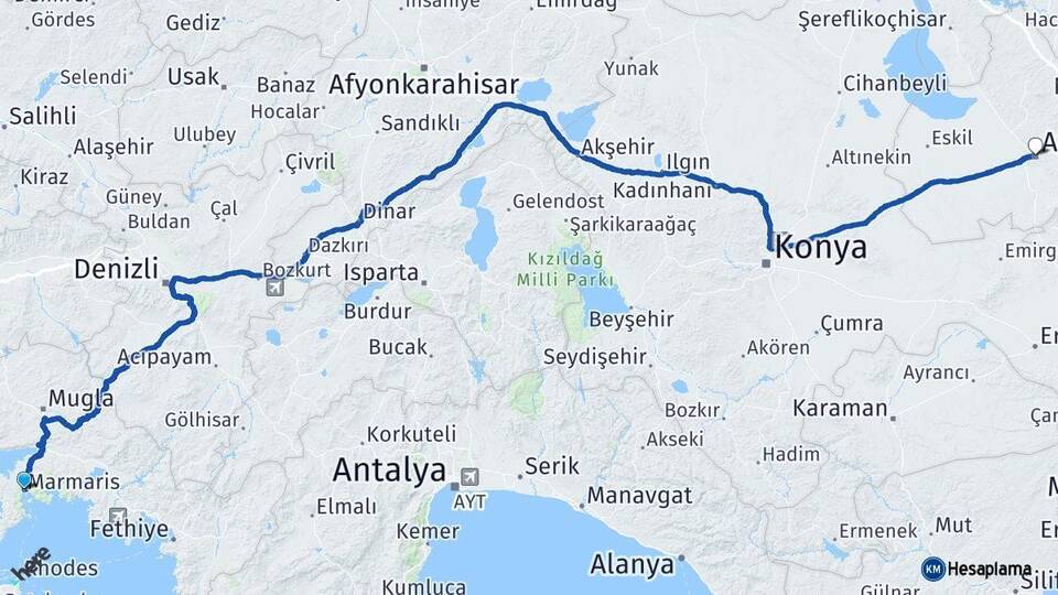 Muğla Marmaris Aksaray Arası Kaç Km - Yol Haritası