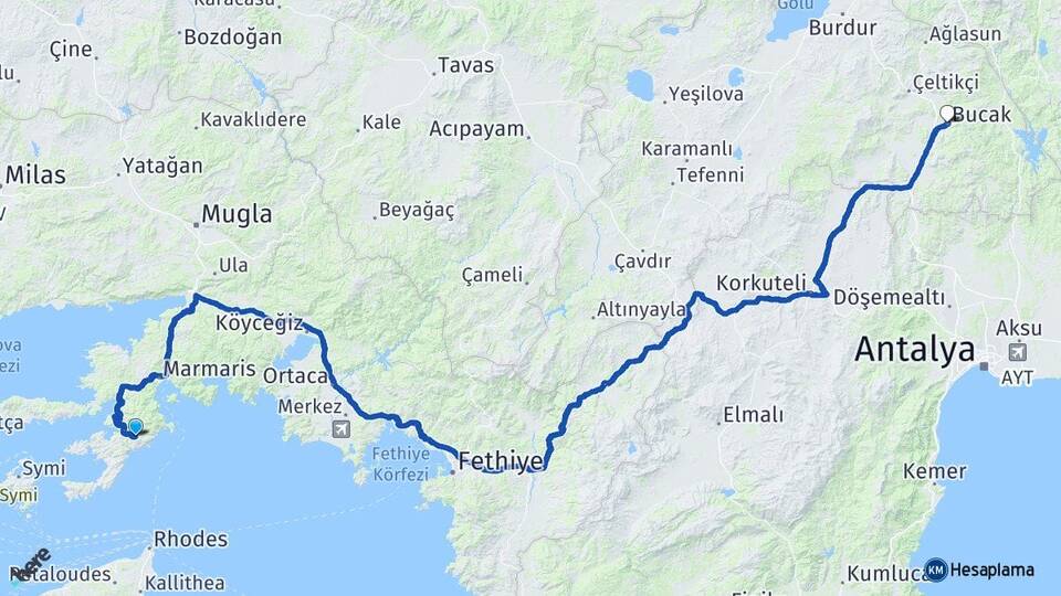 Muğla Marmaris Bayır Bucak Burdur Arası Kaç Km - Yol Haritası