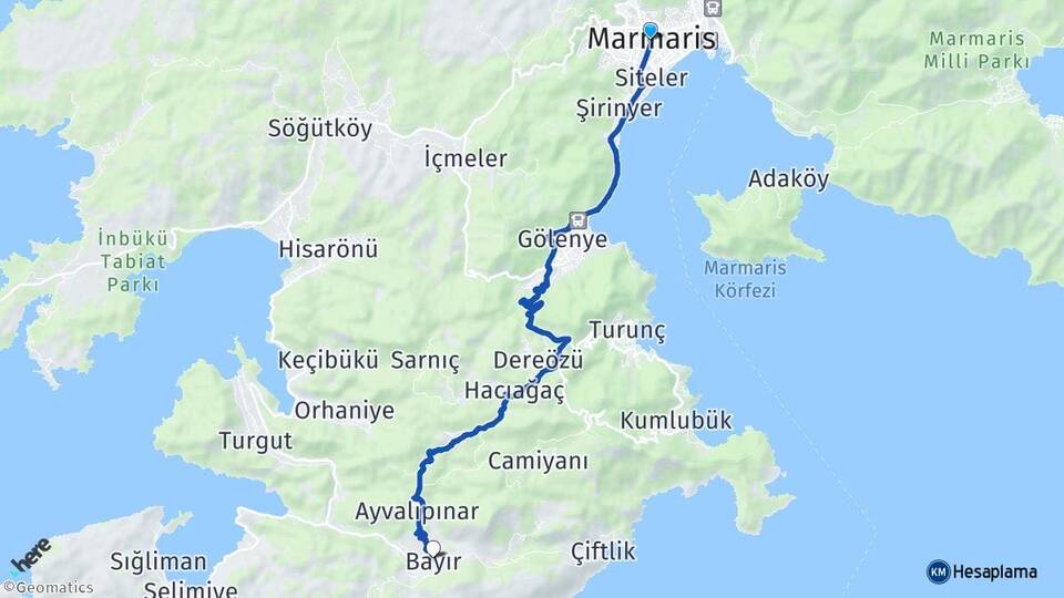 Muğla Marmaris Bayır Marmaris Arası Kaç Km - Yol Haritası