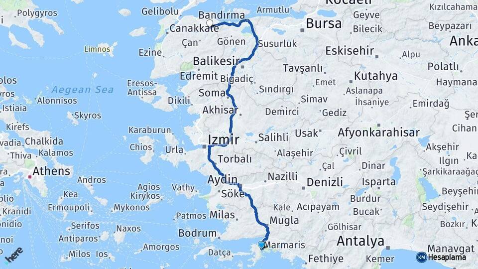 Muğla Marmaris Biga Çanakkale Arası Kaç Km - Yol Haritası