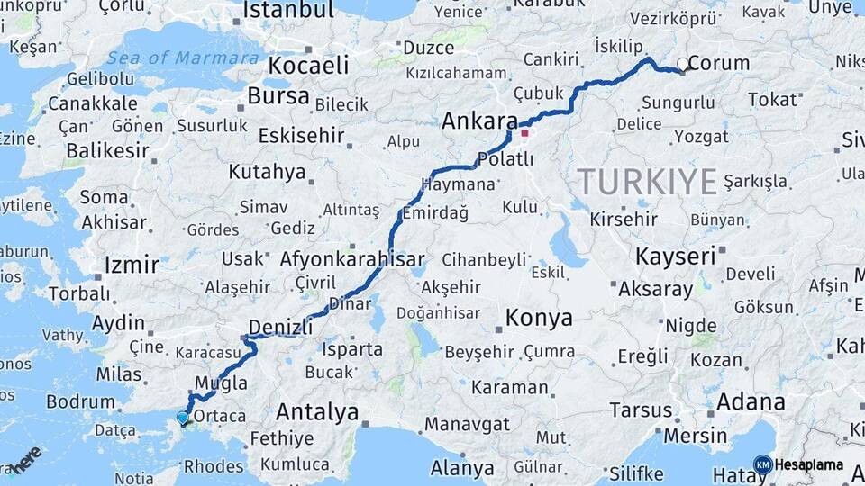 Muğla Marmaris Çorum Arası Kaç Km - Yol Haritası