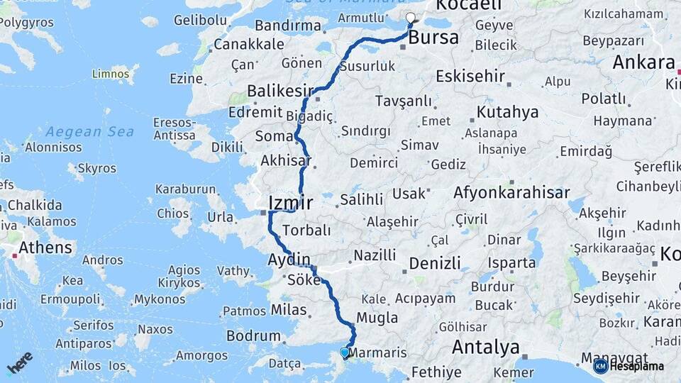 Muğla Marmaris Gemlik Bursa Arası Kaç Km - Yol Haritası