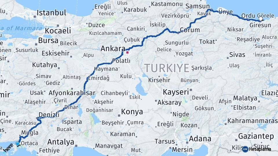 Muğla Marmaris Giresun Arası Kaç Km - Yol Haritası