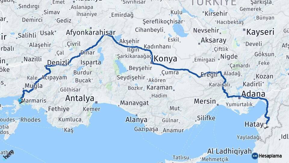 Muğla Marmaris Hatay Arası Kaç Km - Yol Haritası
