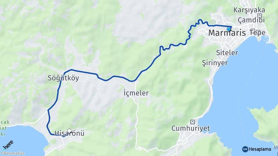 Muğla Marmaris Hisarönü Marmaris Arası Kaç Km - Yol Haritası
