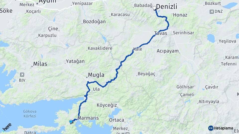 Muğla Marmaris İçmeler Denizli Arası Kaç Km - Yol Haritası