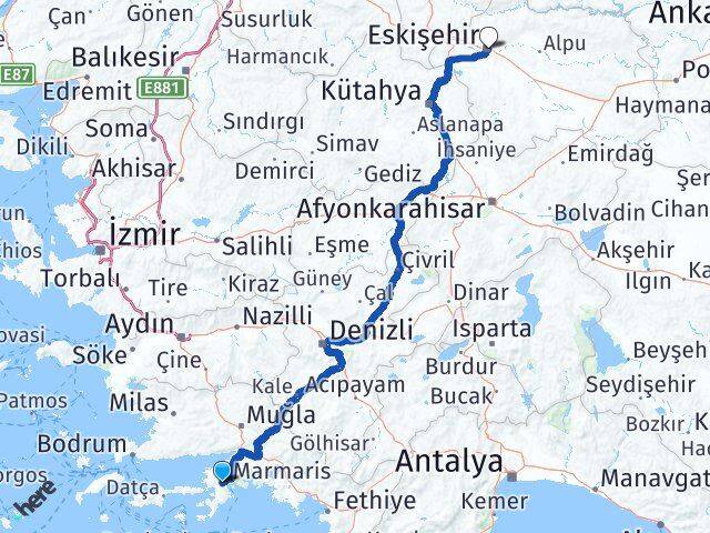 Muğla Marmaris İçmeler Eskişehir Arası Kaç Km - Yol Haritası