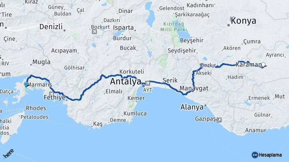 Muğla Marmaris Karaman Arası Kaç Km - Yol Haritası