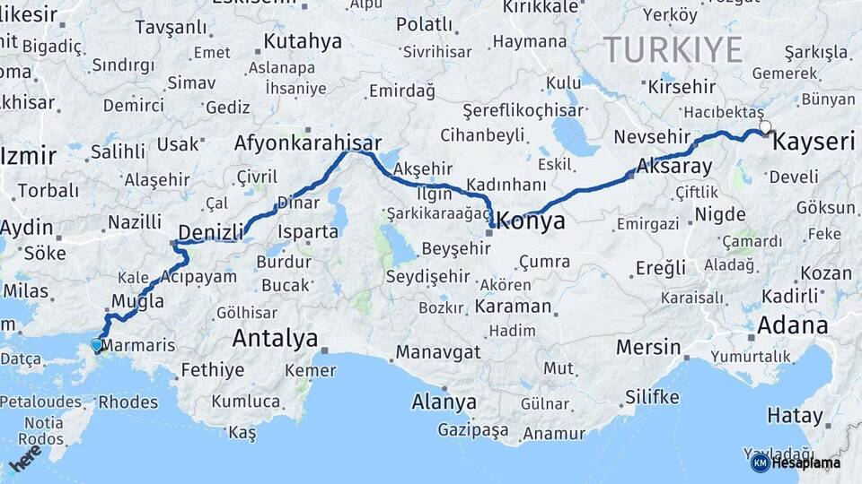 Muğla Marmaris Kayseri Arası Kaç Km - Yol Haritası