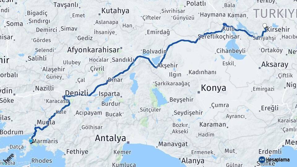 Muğla Marmaris Kırşehir Arası Kaç Km - Yol Haritası