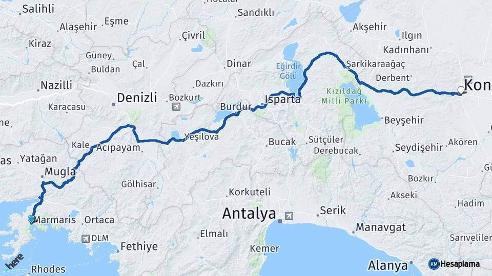 Muğla Marmaris Konya Arası Kaç Km - Yol Haritası