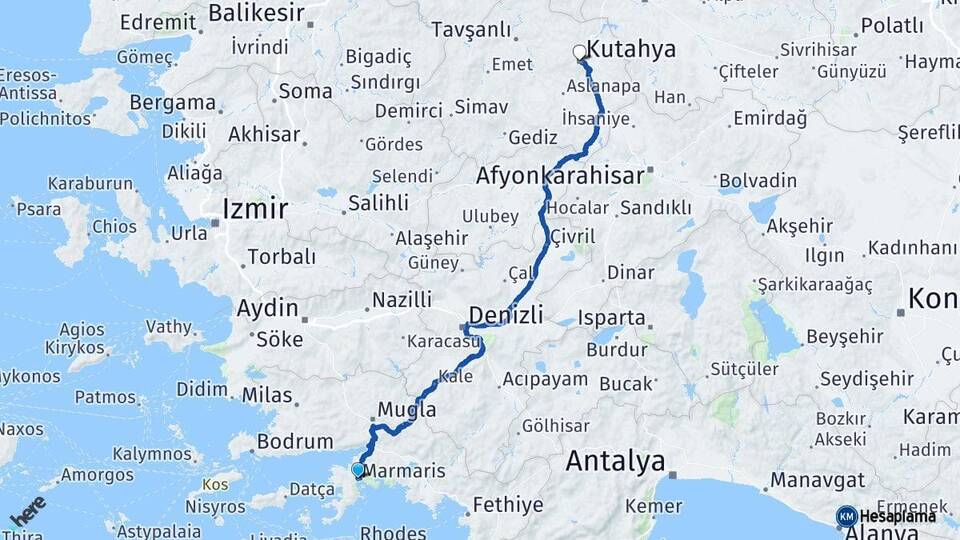 Muğla Marmaris Kütahya Arası Kaç Km - Yol Haritası