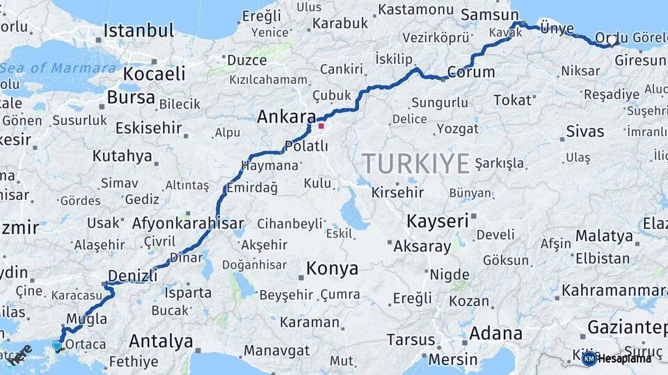 Muğla Marmaris Ordu Arası Kaç Km - Yol Haritası
