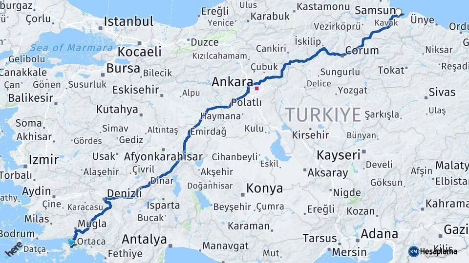 Muğla Marmaris Samsun Arası Kaç Km - Yol Haritası