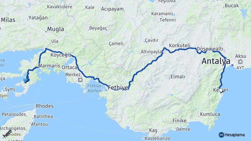 Muğla Marmaris Selimiye Kemer Antalya Arası Kaç Km - Yol Haritası