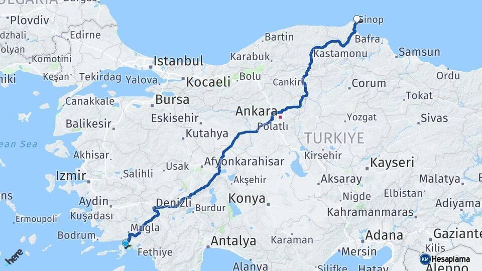 Muğla Marmaris Sinop Arası Kaç Km - Yol Haritası