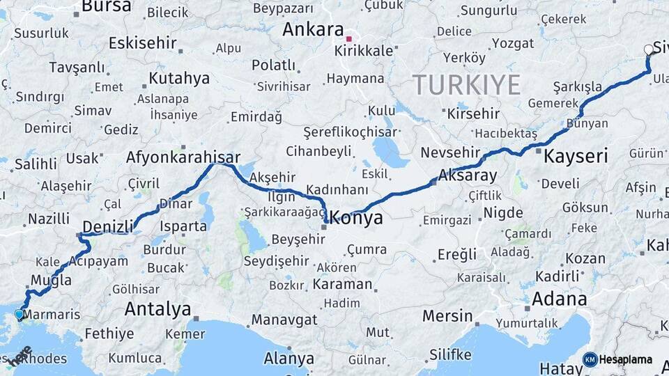 Muğla Marmaris Sivas Arası Kaç Km - Yol Haritası