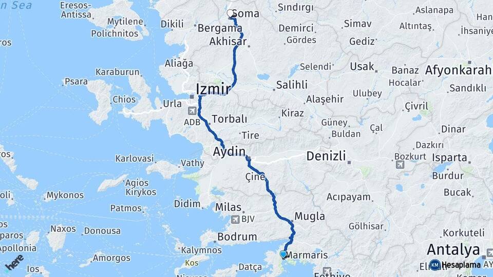 Muğla Marmaris Soma Manisa Arası Kaç Km - Yol Haritası