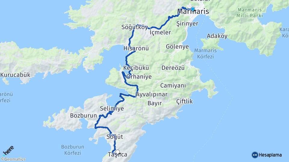 Muğla Marmaris Taşlıca Marmaris Arası Kaç Km - Yol Haritası