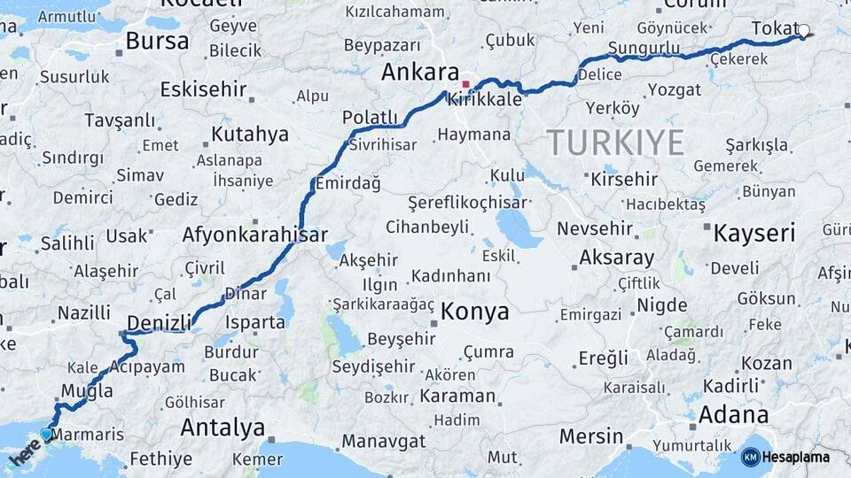 Muğla Marmaris Tokat Arası Kaç Km - Yol Haritası
