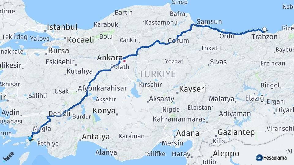 Muğla Marmaris Trabzon Arası Kaç Km - Yol Haritası