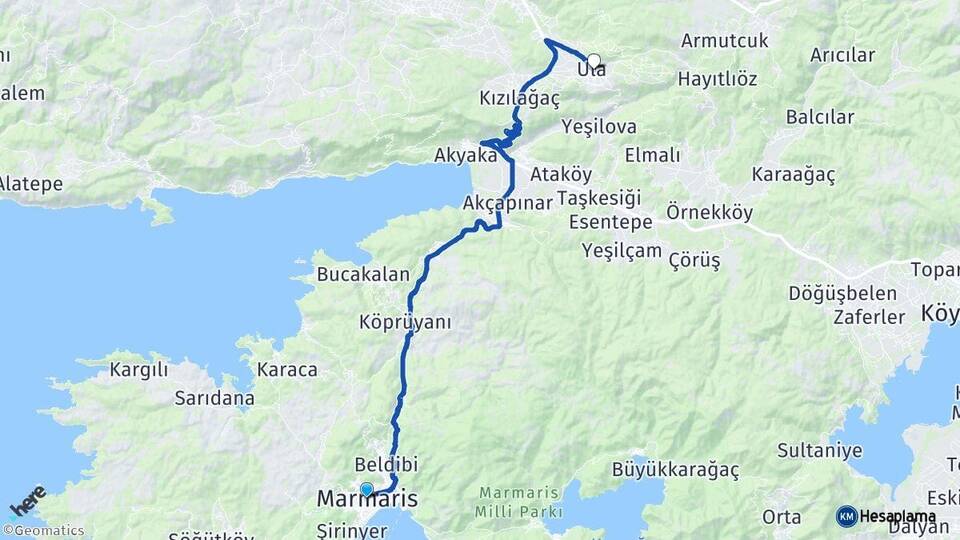 Muğla Marmaris Ula Arası Kaç Km - Yol Haritası