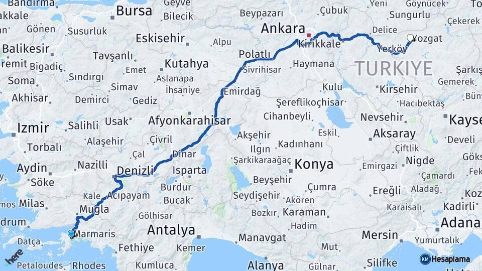Muğla Marmaris Yozgat Arası Kaç Km - Yol Haritası