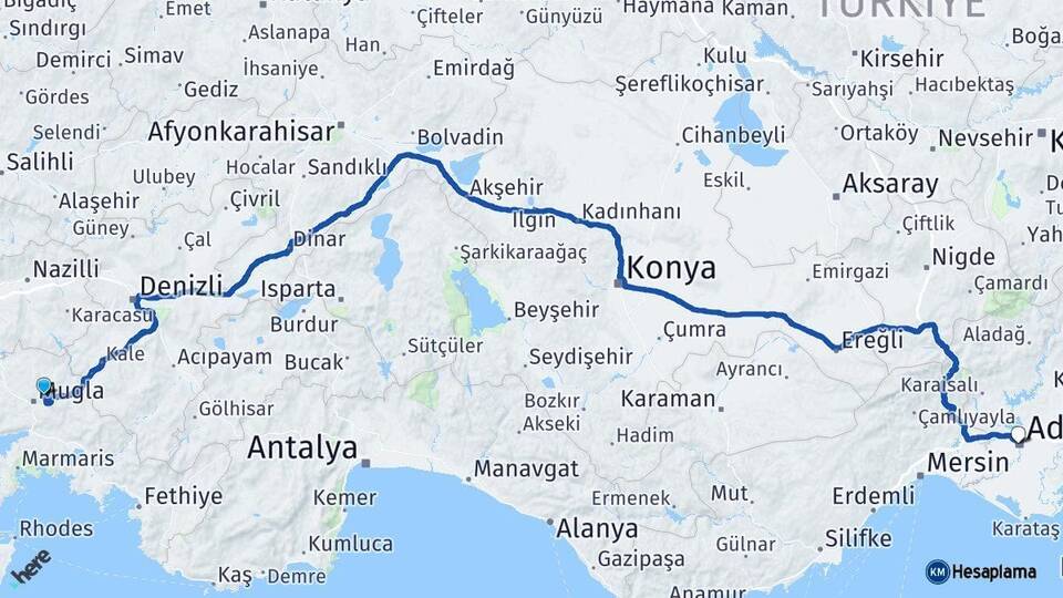 Muğla Menteşe Adana Arası Kaç Km - Yol Haritası