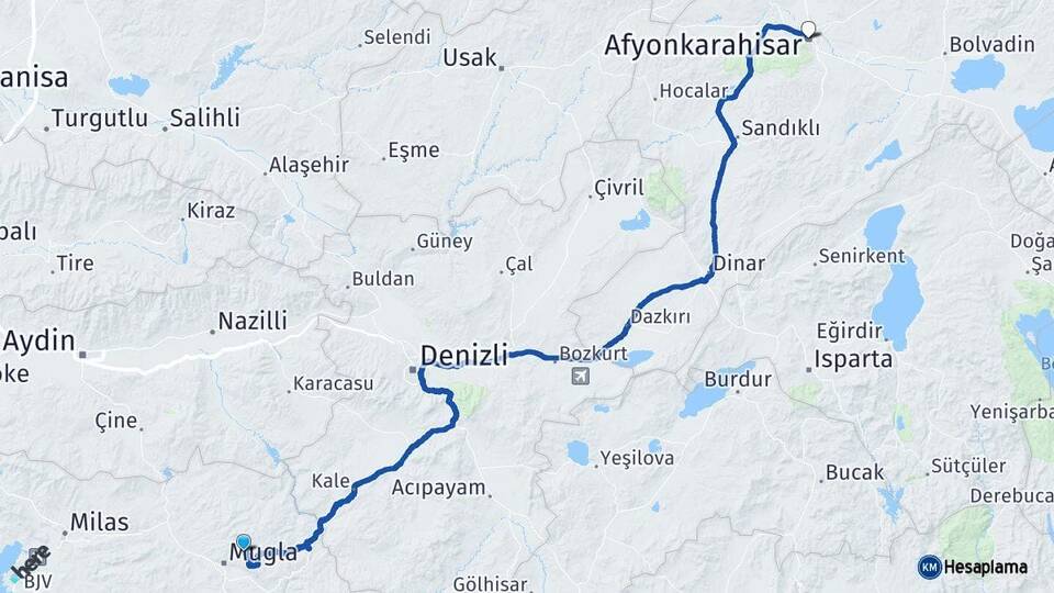 Muğla Menteşe Afyonkarahisar Arası Kaç Km - Yol Haritası