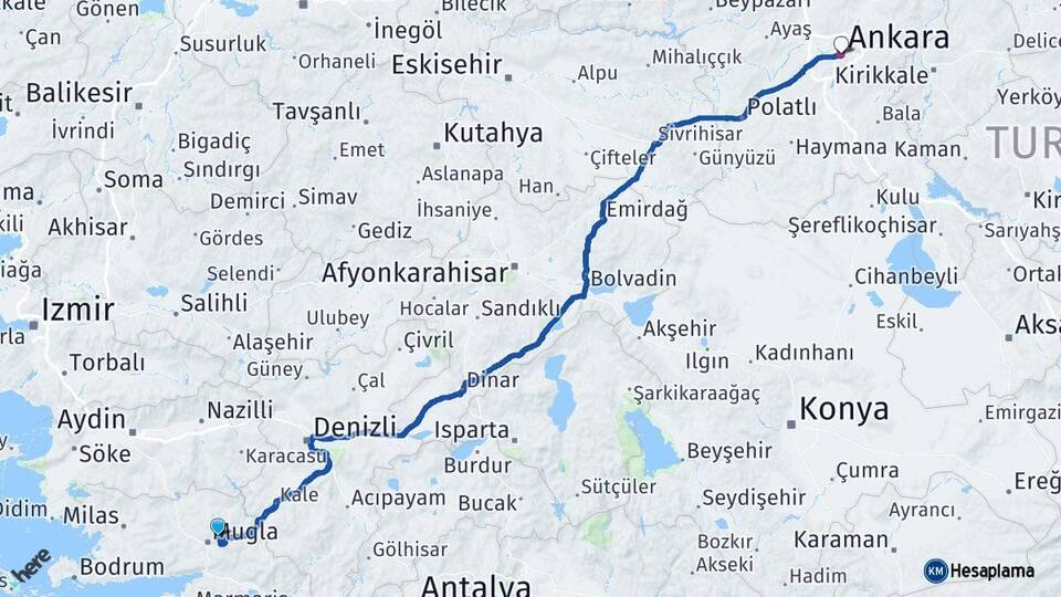 Muğla Menteşe Ankara Arası Kaç Km - Yol Haritası