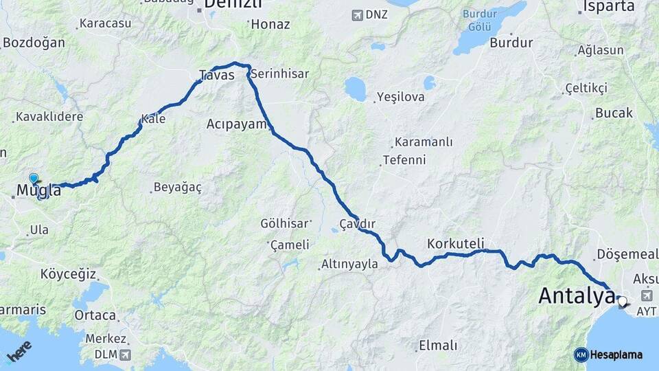 Muğla Menteşe Antalya Arası Kaç Km - Yol Haritası