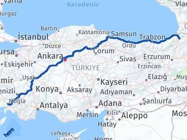 Muğla Menteşe Artvin Arası Kaç Km - Yol Haritası