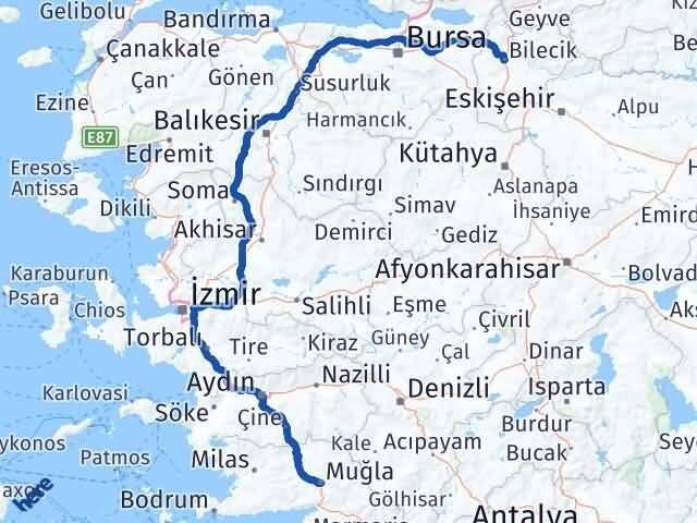 Muğla Menteşe Bilecik Arası Kaç Km - Yol Haritası
