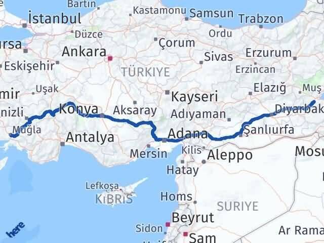Muğla Menteşe Bitlis Arası Kaç Km - Yol Haritası