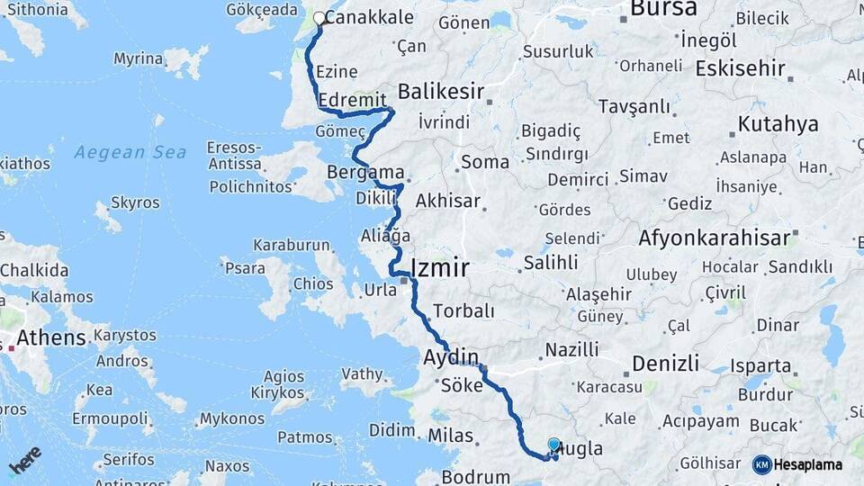 Muğla Menteşe Çanakkale Arası Kaç Km - Yol Haritası