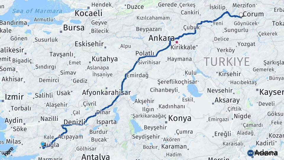 Muğla Menteşe Çorum Arası Kaç Km - Yol Haritası