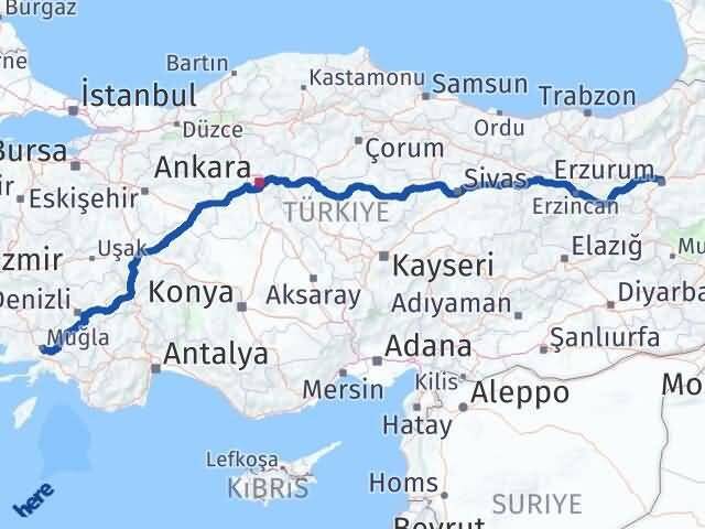 Muğla Menteşe Erzurum Arası Kaç Km - Yol Haritası