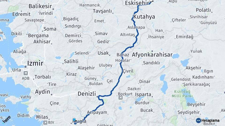Muğla Menteşe Eskişehir Arası Kaç Km - Yol Haritası