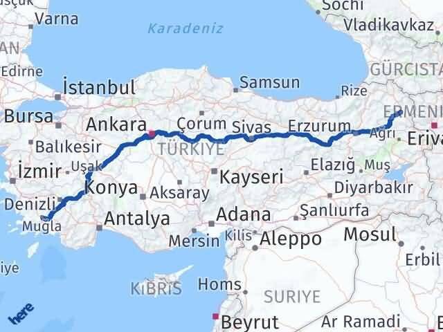 Muğla Menteşe Kars Arası Kaç Km - Yol Haritası