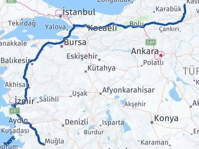 Muğla Menteşe Kastamonu Arası Kaç Km - Yol Haritası