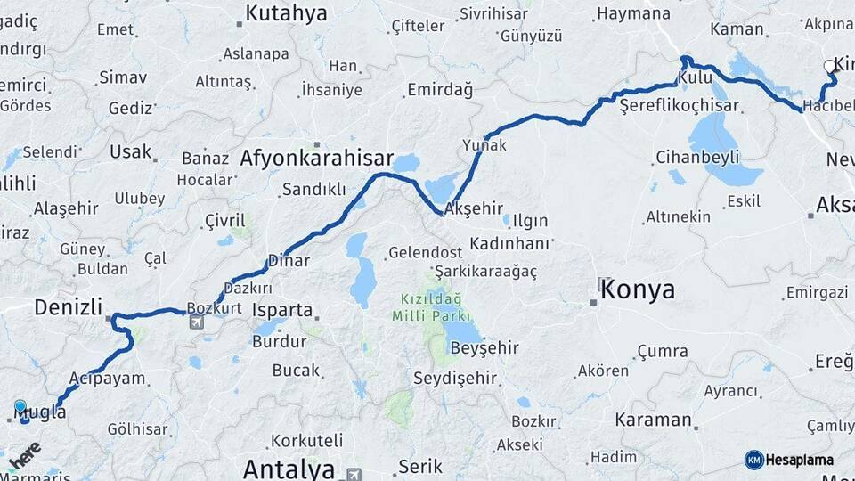 Muğla Menteşe Kırşehir Arası Kaç Km - Yol Haritası