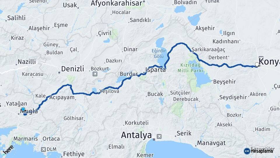 Muğla Menteşe Konya Arası Kaç Km - Yol Haritası