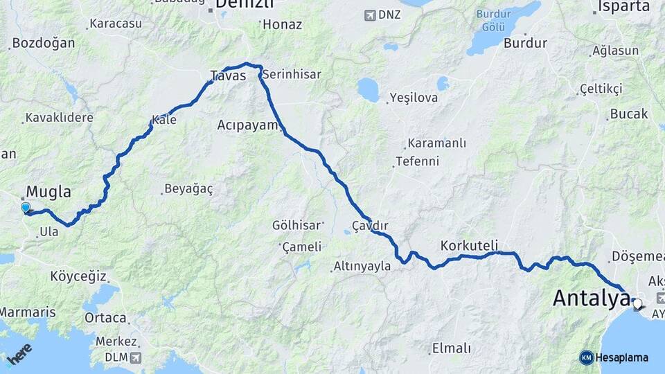 Muğla Menteşe Kötekli Antalya Arası Kaç Km - Yol Haritası