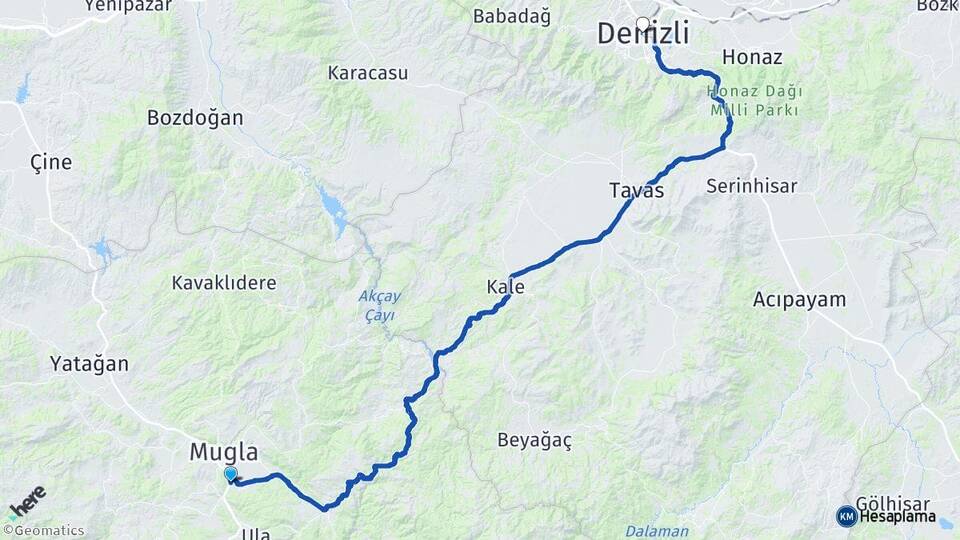 Muğla Menteşe Kötekli Denizli Arası Kaç Km - Yol Haritası