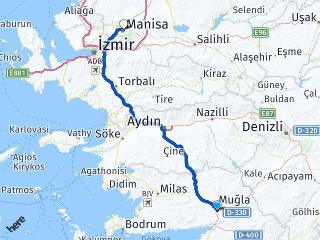Muğla Menteşe Kötekli Manisa Arası Kaç Km - Yol Haritası
