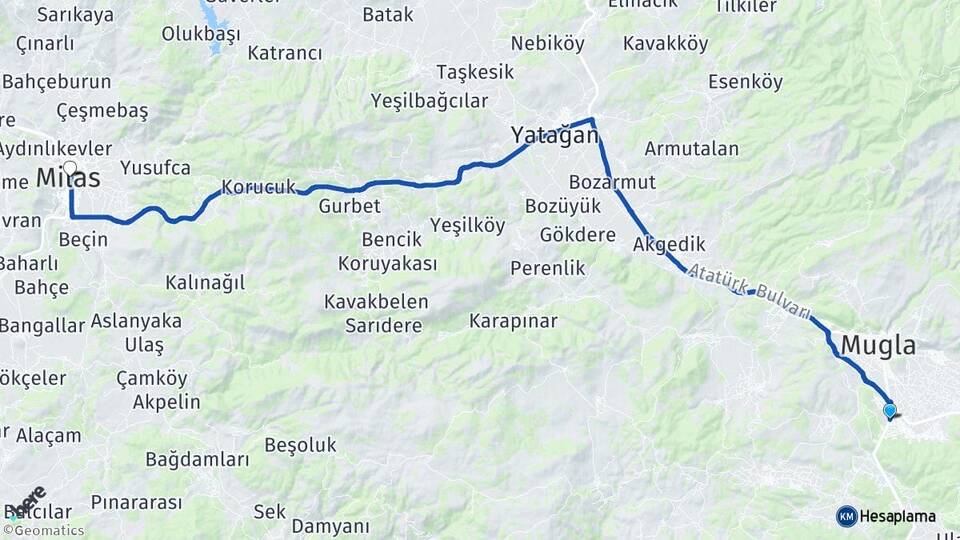 Muğla Menteşe Kötekli Milas Arası Kaç Km - Yol Haritası