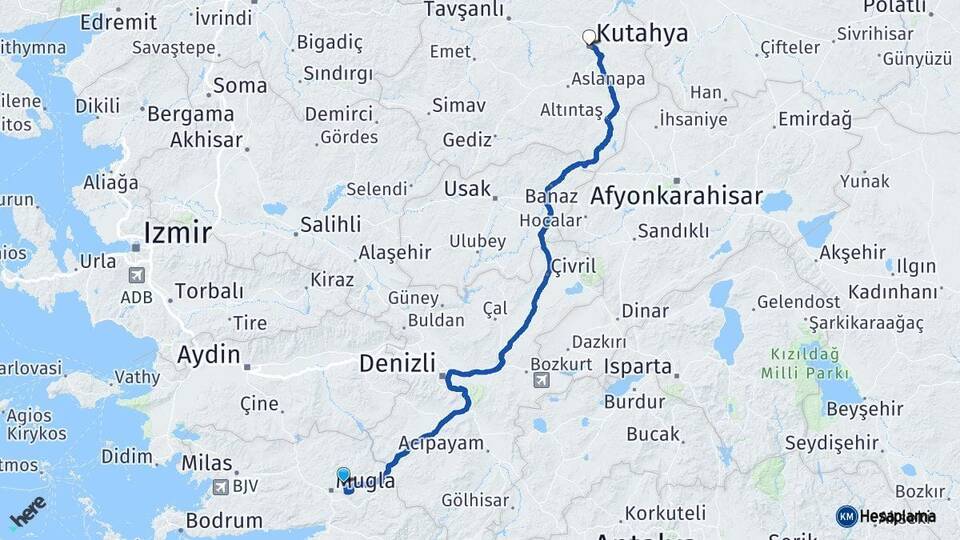 Muğla Menteşe Kütahya Arası Kaç Km - Yol Haritası