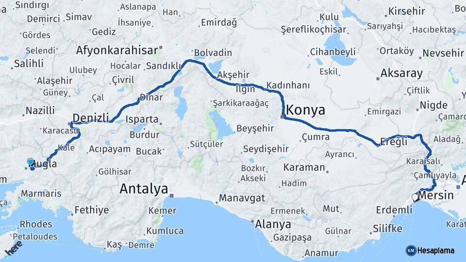 Muğla Menteşe Mersin Arası Kaç Km - Yol Haritası