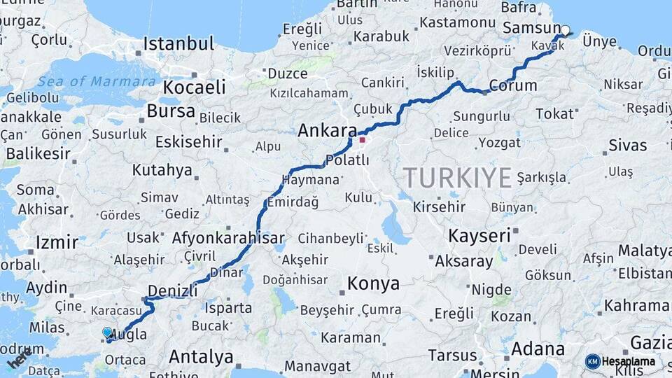 Muğla Menteşe Samsun Arası Kaç Km - Yol Haritası