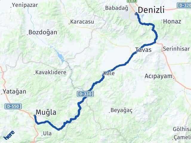 Muğla Merkezefendi Denizli Arası Kaç Km - Yol Haritası